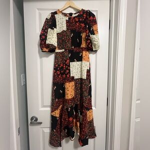 Miss Selfridge puff sleeve midi dress in patchwork print